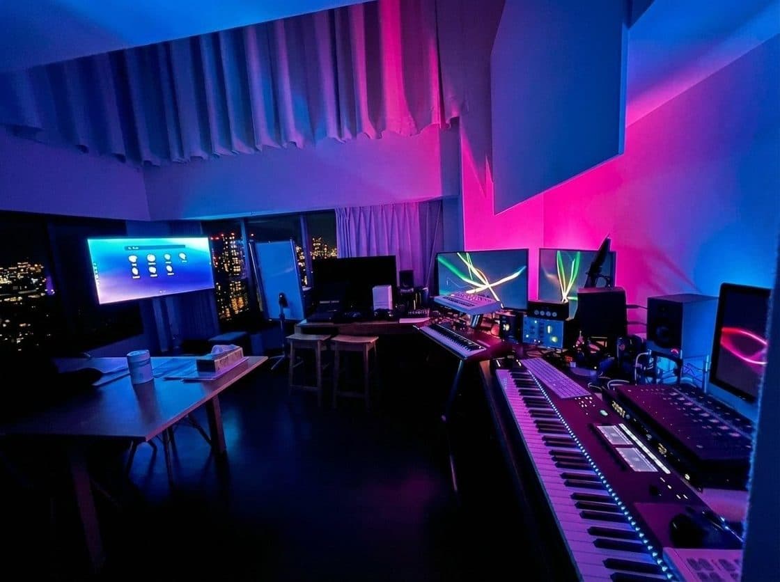 Tenku Studio: keyboards, monitors, and the Tokyo skyline